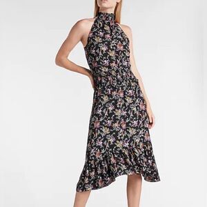 Express high mock neck smocked black ditsy floral midi dress size medium